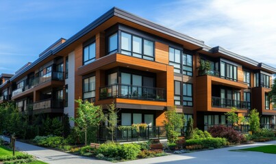 Fototapeta premium Stylish residence with wooden exterior cladding, large windows, balcony, and landscaped front yard in a modern area
