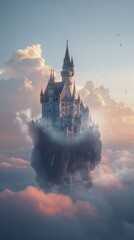 Fairytale castle on a floating island amidst clouds at sunset.