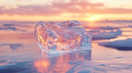 Obraz premium Clear ice cube on frozen lake at sunset.