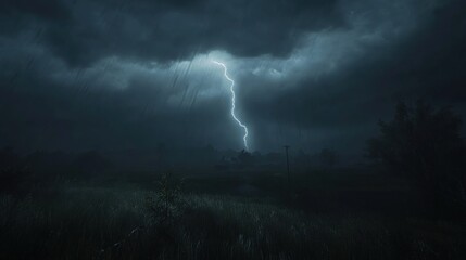 Lightning strike during a stormy night over a field.
