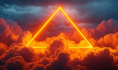 Trendy Background Design. Cloud Formation with Orange and Yellow, Triangle shaped Neon Frame.