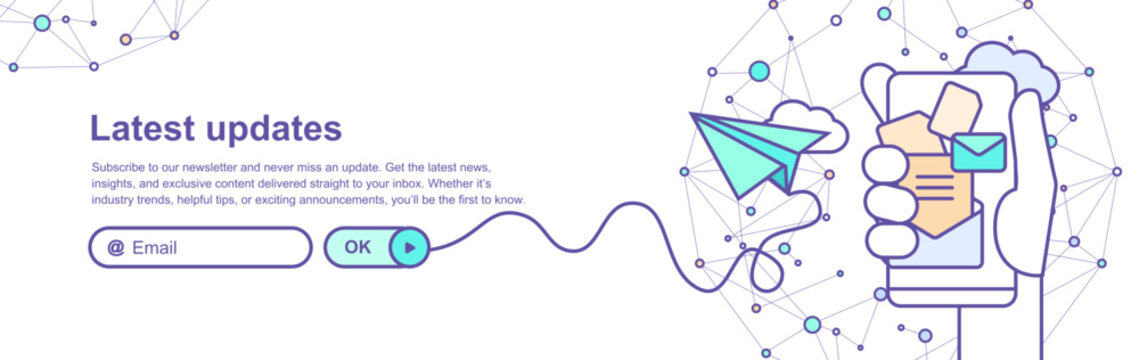 sign up, stay informed, subscribe to newsletter, news alerts and updates banner template, hand holding smartphone, rocket is landing, app launch, connected dots, global big data, mobile display device