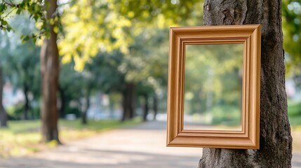 A wooden frame hangs on a tree in a serene park setting.