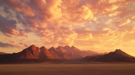 Naklejka premium Fiery sunset over a vast desert landscape and majestic mountains.