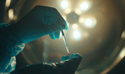 Surgeon's gloved hands holding a scalpel poised over a sterile surgical field, bright focused lighting.