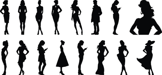 Woman silhouettes set, fashion pack of vector silhouette design, isolated background