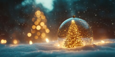 Enchanting christmas scene with glowing tree in snow globe winter wonderland magical atmosphere close-up view