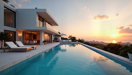 Modern minimalist villa with infinity pool overlooking city, ocean at sunset. Outdoor patio area with sunbeds. Luxurious, tranquil ambiance. Ideal for vacation homes, luxury properties resorts.