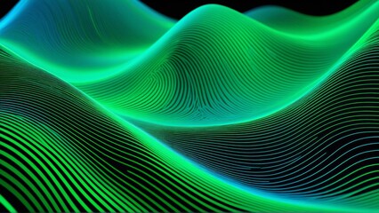 Abstract neon waves with vibrant green and blue lines in a dynamic fluid motion