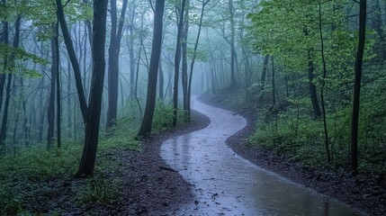 Obraz premium Winding path through misty forest after rain.