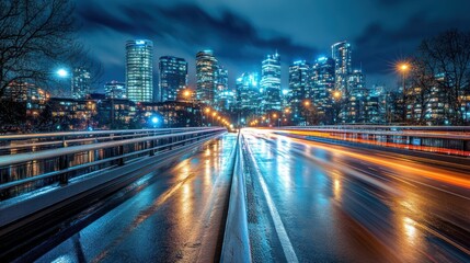 Fototapeta premium Night city skyline, traffic light trails on wet road.