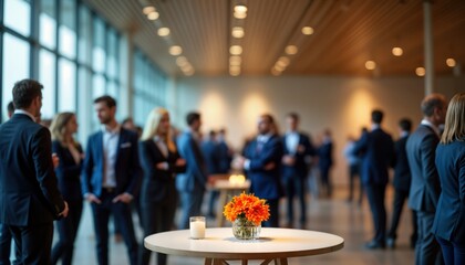 Corporate event in elegant venue. Professionals network, socialize. Formal atmosphere. Elegant decorations. Business people in suits converse. Small table with flowers. Planned event. Potential for