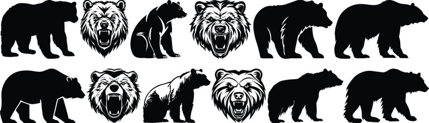 Bear silhouettes set, animal pack of vector silhouette design, isolated background