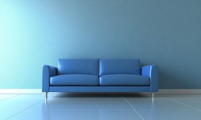 The 3D rendering of a modern living room with a blue sofa and an empty mock up wall background is in 3D.