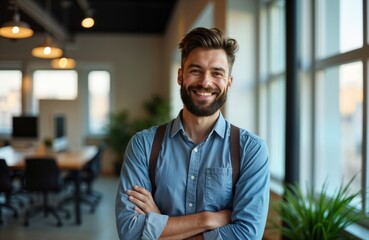 Obraz premium Happy businessman stands in modern office. Smiles at camera with crossed arms. Modern workspace with large windows visible in background. Entrepreneur, confident, pro. Business portrait indoor.