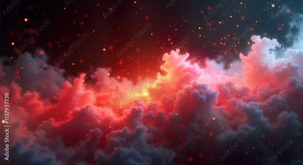Poster dynamic abstract image of vibrant particle clouds. red, orange clouds mix with white. red light move