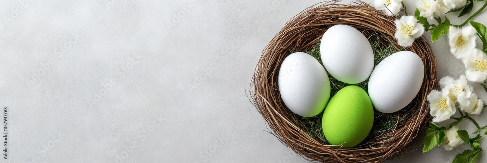 Wall mural A charming nest with four eggsthree white and one vibrant greenamong delicate flowers symbolizes joy and renewal, embodying the festive cheer of Easter that unites family and friends