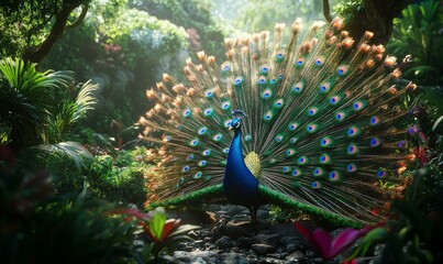 Obraz premium Vibrant peacock displaying its dazzling tail feathers in a lush garden, every detail a burst of color.