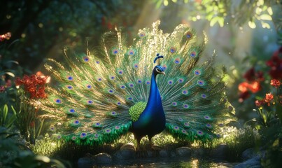 Obraz premium Vibrant peacock displaying its dazzling tail feathers in a lush garden, every detail a burst of color.