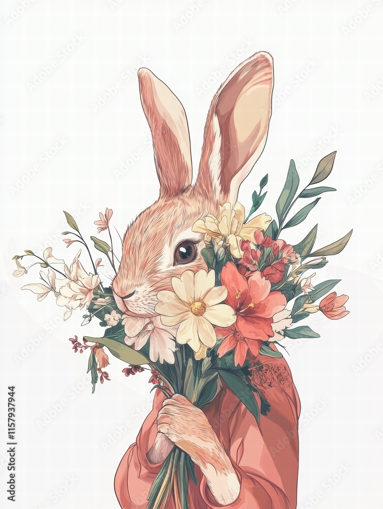 Poster Cuddly rabbit holding a colorful bouquet of flowers with ample space for text and customization options. Generative AI