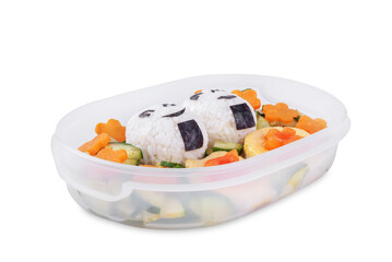 Bento box with onigiri with chicken filling and vegetables on a white isolated background