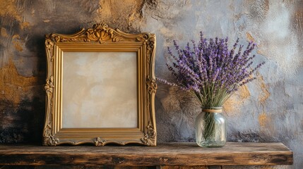 Antique gold frame & lavender bouquet on rustic wood.