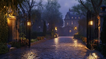 Mystical mansion entrance at twilight, rain-slicked cobblestone path, gates ajar.