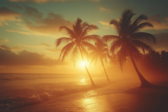 Golden sunset over a tropical beach with palm trees silhouetted against the vibrant sky. - Powered by Adobe