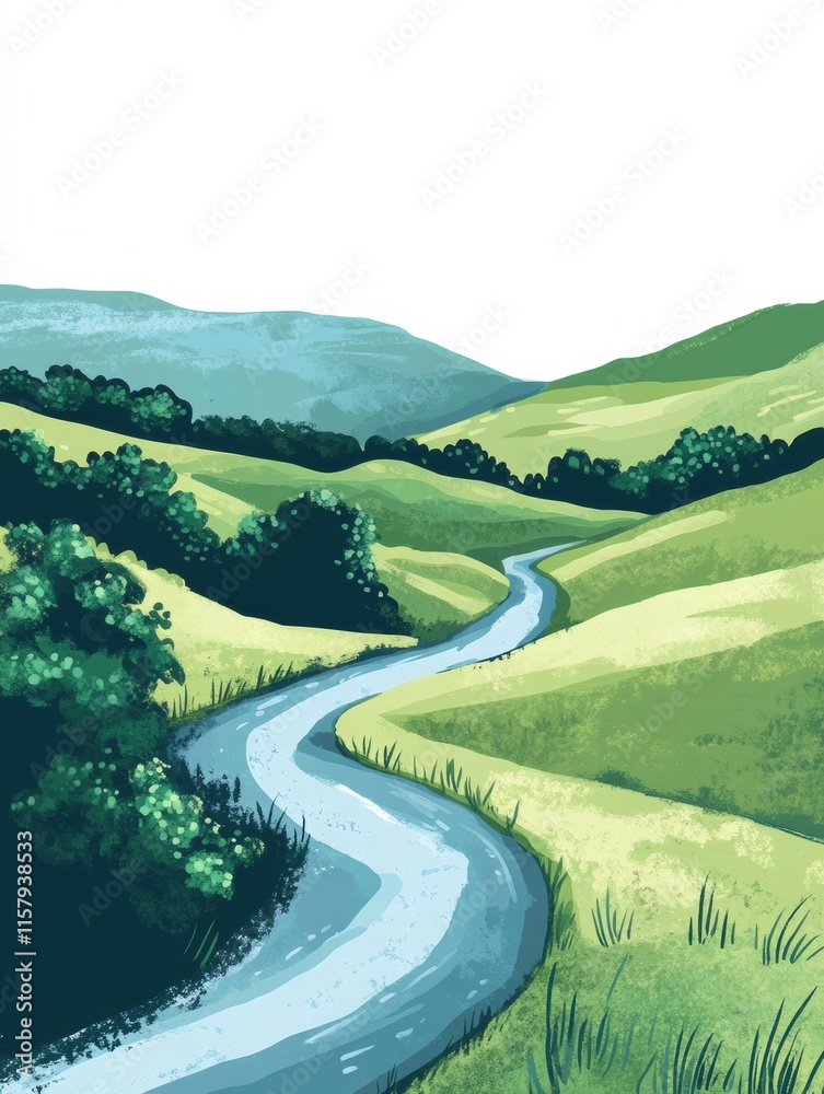 Poster lush green hills with winding river showcasing a serene landscape ideal for creative projects. gener