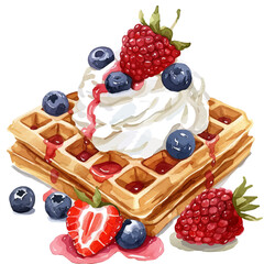 A watercolor vector painting of Belgian waffles with whipped cream and berries, isolated on a white background. Belgian waffles vector.

