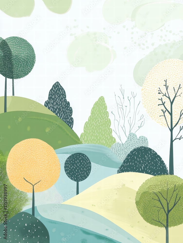Poster explore a vibrant naive art style landscape with colorful trees and serene hills inviting creative e