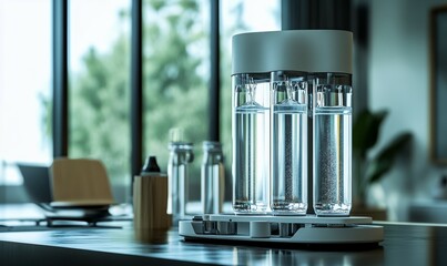 The theme of the generative AI is a water filtration system for home use, providing drinkable soft liquid