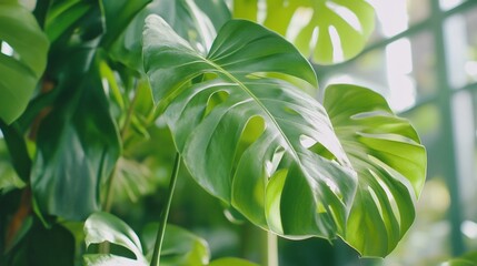 Obraz premium Close-up of a vibrant Monstera leaf amidst lush greenery.