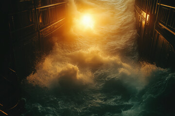 Fototapeta premium Golden sunset, waves crashing against a structure.