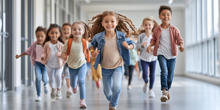 Multiracial group of happy smiling children running down the school corridor. - Powered by Adobe