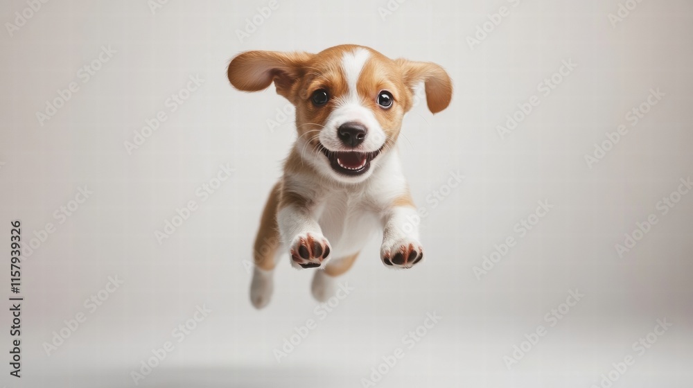 Aufkleber Joyful puppy leaps happily in mid air against a simple background perfect for adding custom text. Generative AI