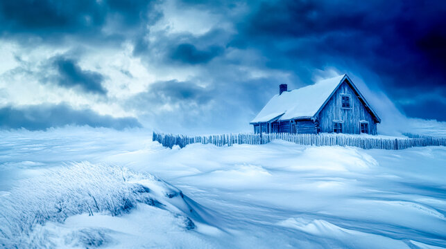 Polar storm with heavy snow and fierce winds lashing a lonely house