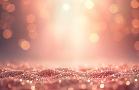 Fototapeta Rose gold glitter background with soft bokeh. Abstract design. Elegant shiny texture. Perfect backdrop for celebration decoration. Romantic festive theme. Luxury look. Suitable for party invitation