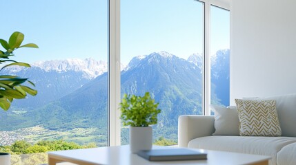A modern living room with a scenic mountain view through large windows.