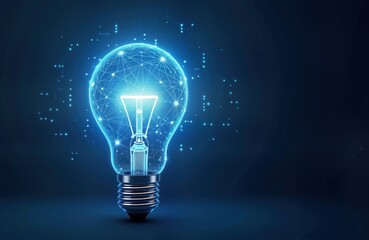 Futuristic light bulb glows blue. AI-generated image. Network of lines, dots create digital illustration. Tech innovation concept. Abstract design. Modern graphic style. Idea of energy, connection.