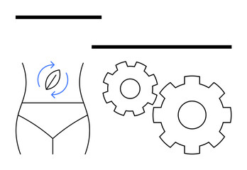 Human torso with arrows on the stomach signifying digestion, adjacent gear mechanisms representing internal processes. Ideal for health, wellness, biology education, medical presentations, fitness