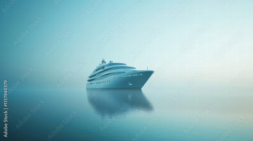 Poster luxury cruise ship sails on calm sea with serene backdrop and ample space for added text. generative