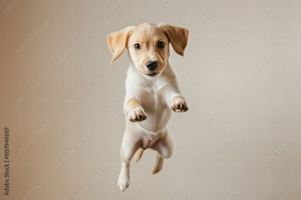 Poster joyful puppy gracefully leaps in mid air with ample space for creative text and designs. generative 