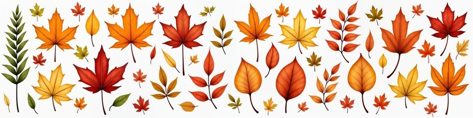 Obraz premium Colorful autumn leaves, branches design on white background. Illustration features various leaf shapes, colors like orange red yellow, brown. Perfect for autumnal themed designs or nature backgrounds.