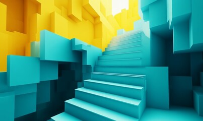 Turquoise and Yellow Tech Background with a Geometric 3D Structure. Clean, Stepped design with Extruded Futuristic Forms. 3D Render.
