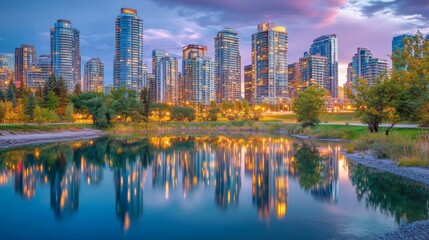 Naklejka premium Scenic City Reflections at Dawn Over a Calm River