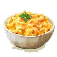 A watercolor vector painting of American mac and cheese with cheddar cheese, isolated on a white background. American mac and cheese vector.


