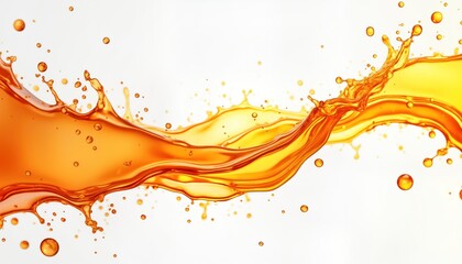 Orange liquid splashes and drips in motion against white background. Dynamic display of liquid in flowing design. Image shows vibrant energy and freshness. Suitable for food and drink brands.