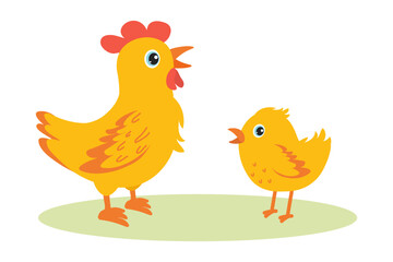 Chicken and chick interacting in a colorful cartoon setting