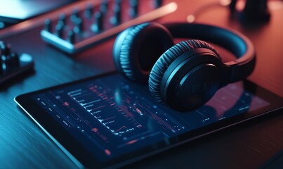 Wireless headphones resting on a tablet screen displaying a detailed podcast interface with analytics.
